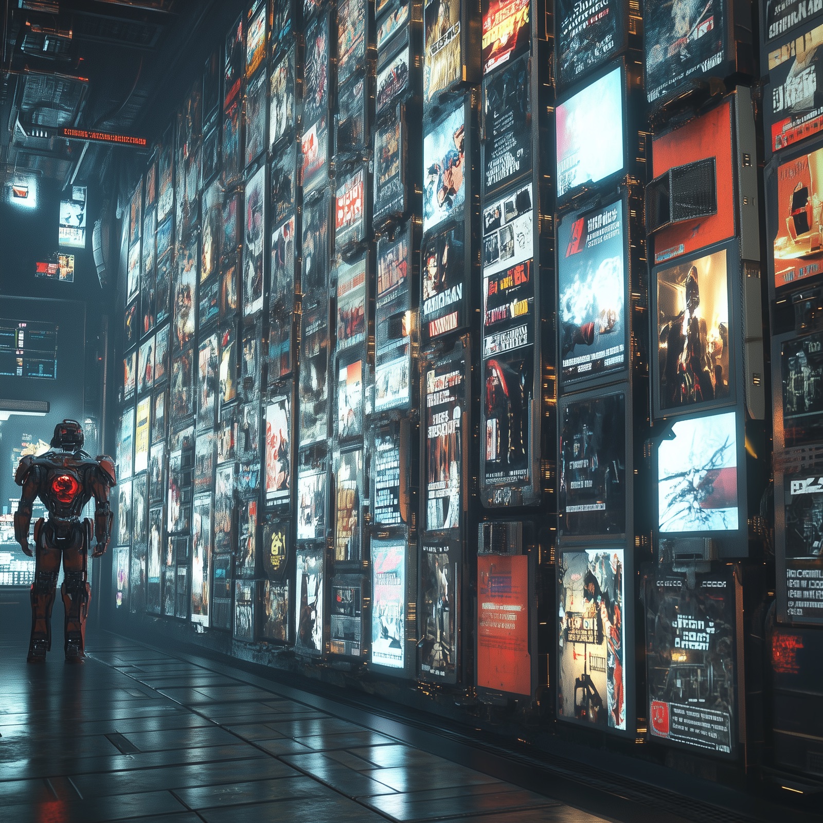 A wall of dying advertisements being dismantled by robots, symbolizing the end of the extractive attention economy.